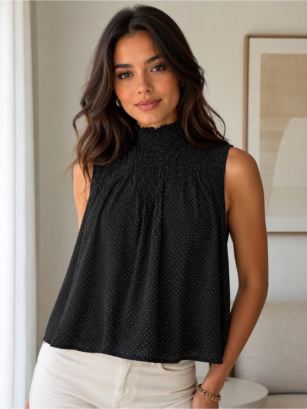 Frame Black Polka Dot 100% silk Smocked Top